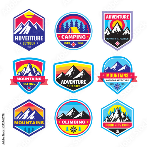 Set of adventure outdoor concept badges, summer camping emblem, mountain climbing logo in flat style. Creative vector illustration. Graphic design element.  