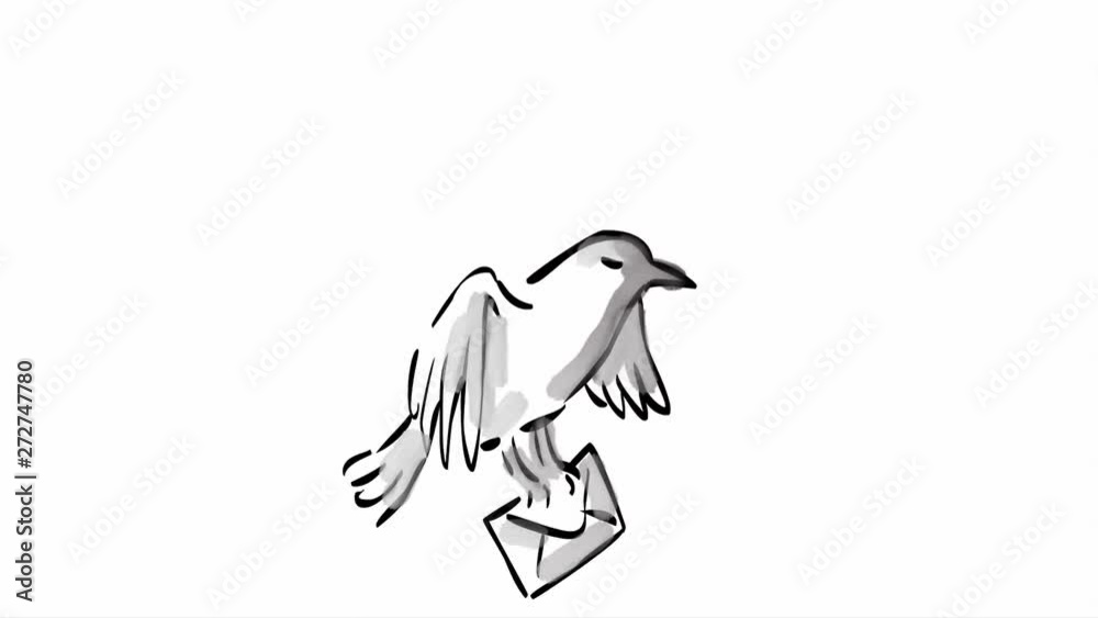 2d Animation motion graphics watercolor of a carrier pigeon bird carrying letter  envelope or delivering mail on white screen in HD high definition.