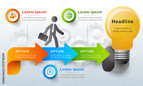 Infographic businessman walking up an arrow, growing step. Vector illustration