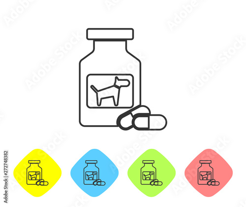 Grey Dog medicine bottle and pills line icon isolated on white background. Container with pills. Prescription medicine for animal. Set icon in color rhombus buttons. Vector Illustration