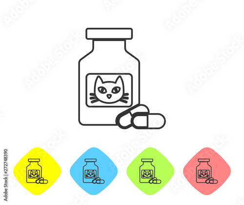 Grey Cat medicine bottle and pills line icon isolated on white background. Container with pills. Prescription medicine for animal. Set icon in color rhombus buttons. Vector Illustration