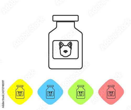 Grey Dog medicine bottle line icon isolated on white background. Container with pills. Prescription medicine for animal. Set icon in color rhombus buttons. Vector Illustration