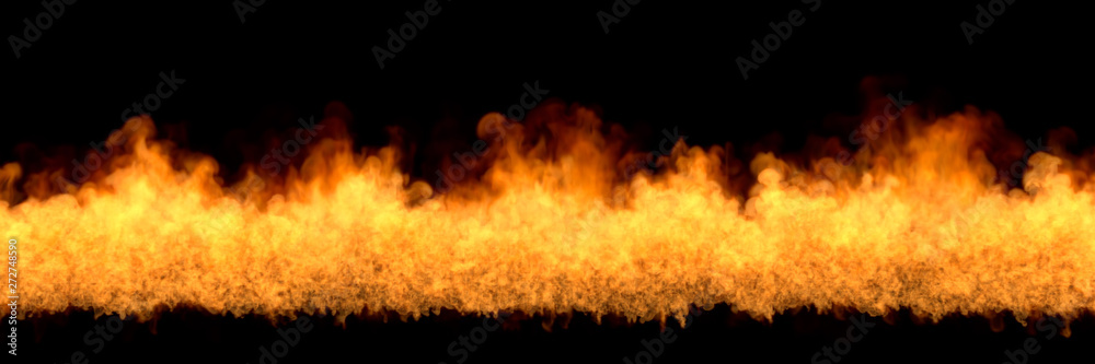 Line of fire at bottom - fire 3D illustration of cosmic glowing hell, sylized frame isolated on black background