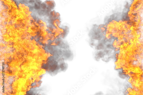 Fire 3D illustration of burning mystery hell frame isolated on white background - top and bottom are empty, fire lines from sides left and right