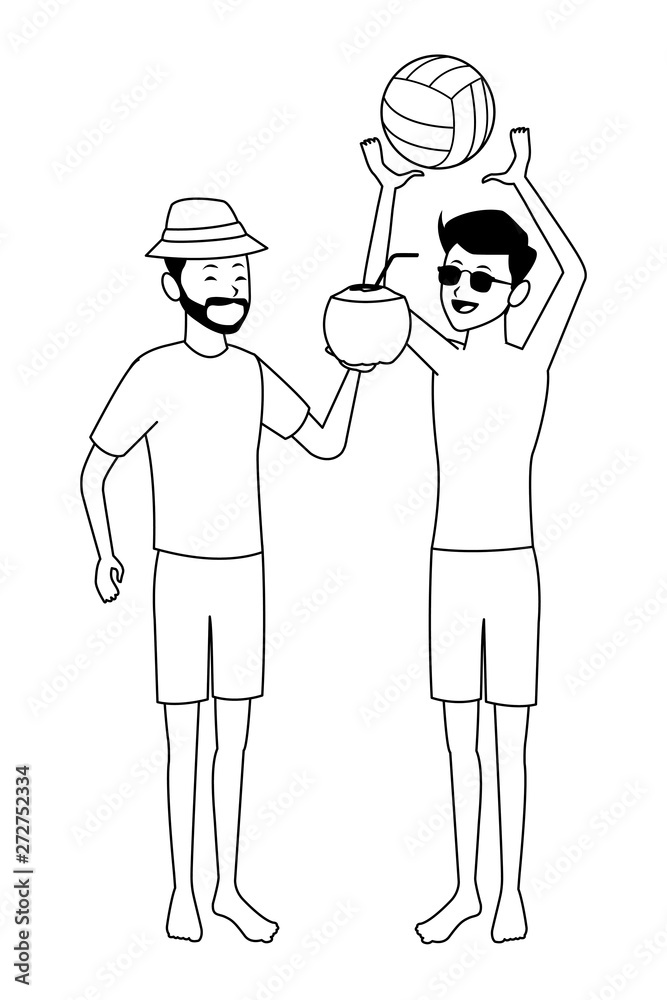 Friends enjoying summer cartoon in black and white