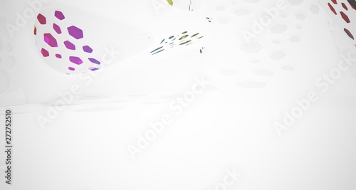 Abstract white and colored gradient glasses smooth parametric interior with window. 3D illustration and rendering.