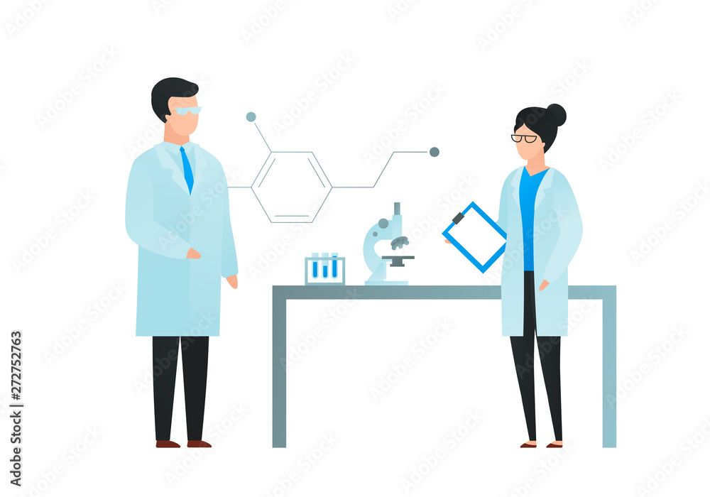 Trendy flat scientist character vector illustration. Set of cartoon male and female science team standing in laboratory with table, microscope, test tube, and molecula formula sign. Design element. Trendy flat scientist character vector illustration. Set of cartoon male and female science team standing in laboratory with table, microscope, test tube, and molecula formula sign. Design element.