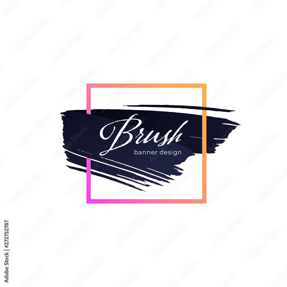 Vector modern abstract brush banner. Black stroke shape with gradient pink to orange square frame isolated on white background. Design element for trendy style presentation, web, banner, poster, logo.