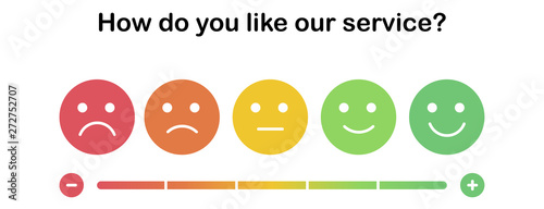 Set of the colorful emoticons with different mood from angry to happy. Smiles with five emotions: dissatisfied, sad, indifferent, glad, satisfied. Element of UI design for estimating client service.