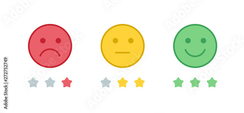Vector icon set of the colorful emoji with star shaped progress bar. Smiles of angry, neutral and happy emotions isolated on white. Design for estimating client assessment, web, ui.