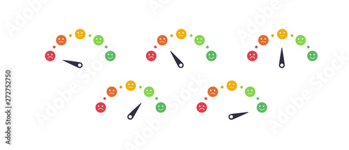 Vector mood feedback meter set with arrow selection. Color determine an emotion from unhappy red to satisfied green. Element of UI design for estimating client service, medical pain measurement.