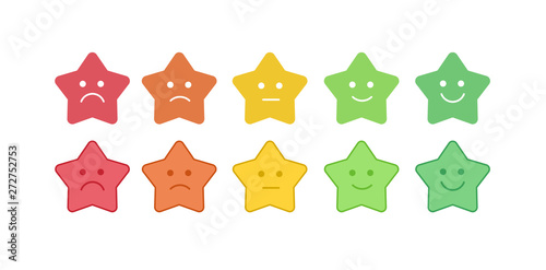 Vector icon set of the colorful star shaped emoticons with different mood. Smiles with five emotions: dissatisfied, sad, indifferent, glad, satisfied. Design for estimating client assessment.