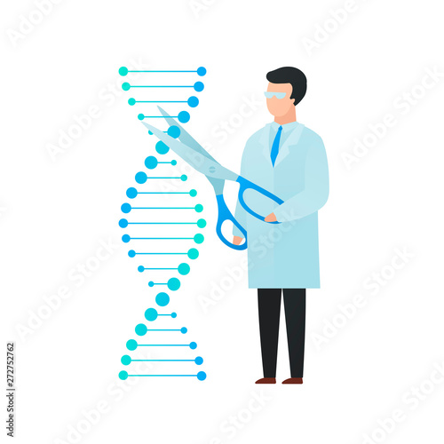 Trendy flat scientist character vector illustration. Cartoon male cutting dna molecula with scissors isolated on white. Concept of biology and gene modification, crispr/cas9. Design element.