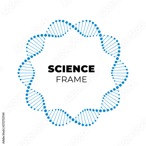 Vector science dna flat banner template. Blue atom spiral frame around text holder isolated on white background. Design for web, presentation, banner, poster.