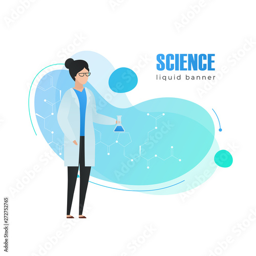 Vector science flat banner template. Modern style gradient blue fluid shape with molecula formula and female scientist character with test tube isolated on white background.