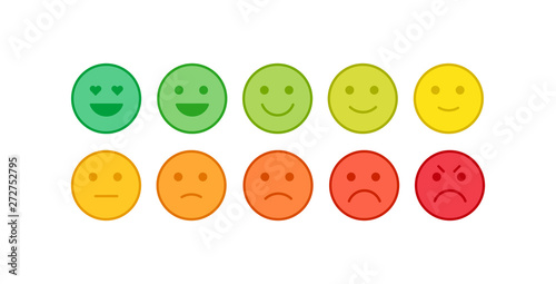 Vector icon set for mood tracker. Ten scale of colorful emotion smiles from dissappoited to happy isolated on white background. Emoticon element of UI design for client service rating, feedback survey