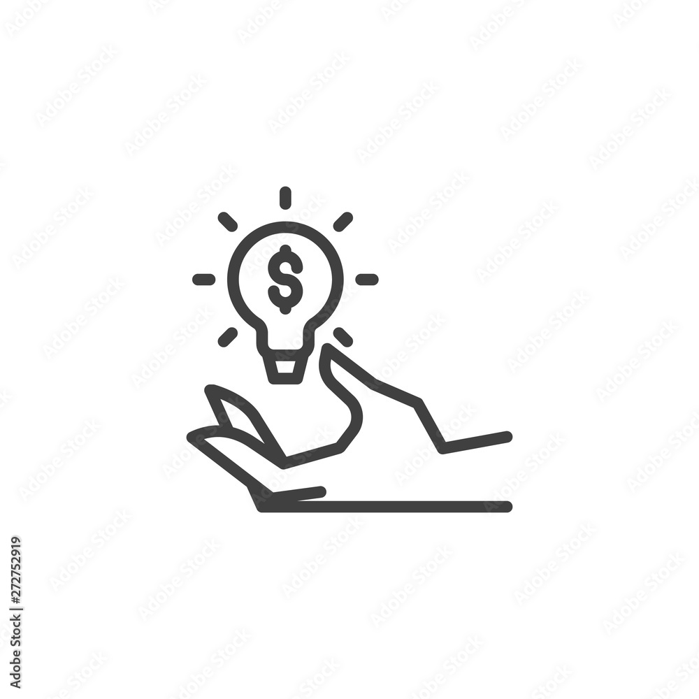 Hand give idea bulb with dollar line icon. linear style sign for mobile concept and web design. Making money idea outline vector icon. Symbol, logo illustration. Vector graphics Hand give idea bulb with dollar line icon. linear style sign for mobile concept and web design. Making money idea outline vector icon. Symbol, logo illustration. Vector graphics