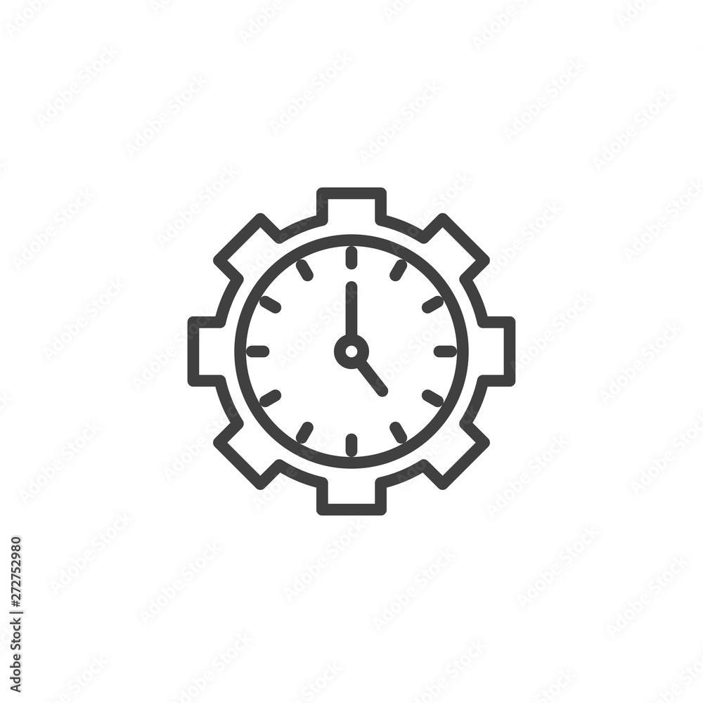Time management line icon. Gear with clock linear style sign for mobile concept and web design. Productivity and efficiency outline vector icon. Symbol, logo illustration. Vector graphics Time management line icon. Gear with clock linear style sign for mobile concept and web design. Productivity and efficiency outline vector icon. Symbol, logo illustration. Vector graphics
