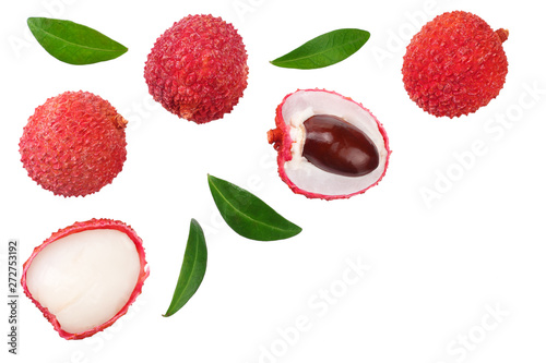 Fresh lychee with leaves isolated on white background. top view photo