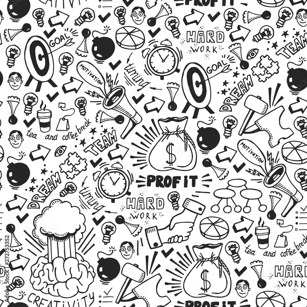 Fototapeta premium Start up concept. Vector pattern with motivational icons. Rocket, brainstorm, succes, innovation