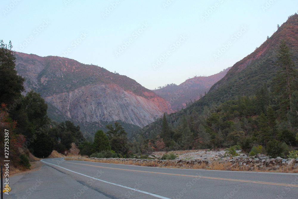 Scenic drive towards Yosemite in the evening