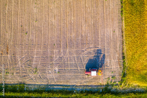 Tractor spraying herbicide on young corn field, glyphosate weed control, GMO treated seeds photo