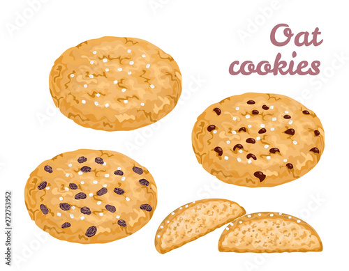 Oat cookies set. Fresh cereal healthy pastries isolated on white background. Vector illustration of cookies with sugar, raisins and chocolate pieces in cartoon flat style.