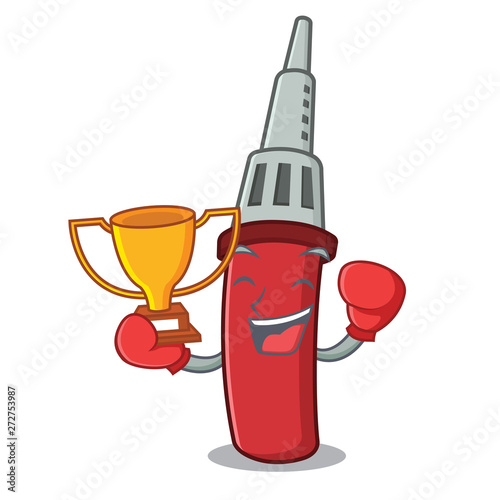 Boxing winner soldring iron above wooden cartoon table