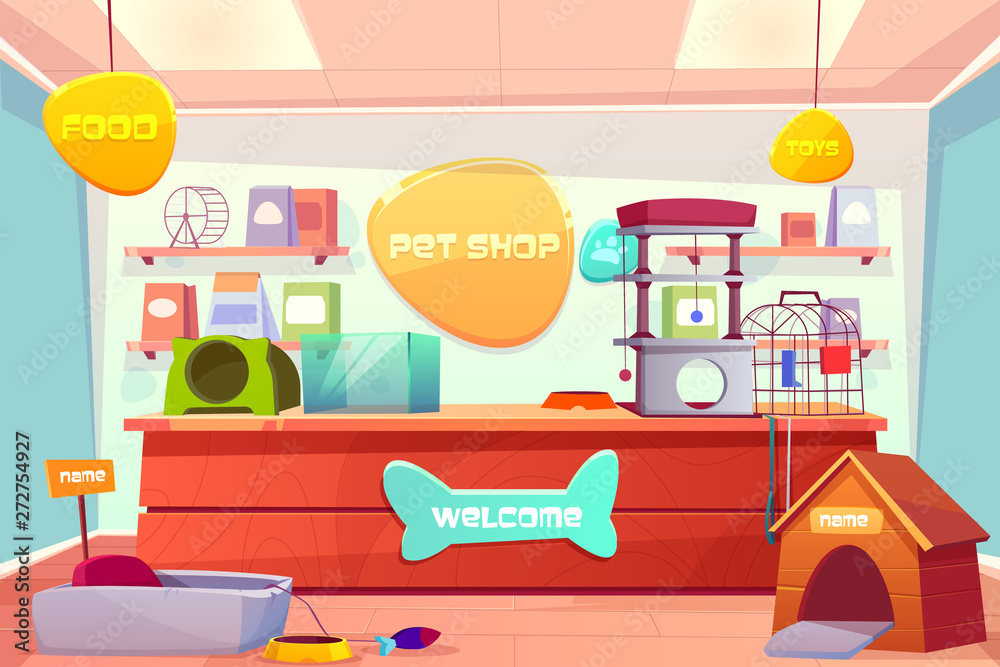Pet shop interior, domestic animal store with counter desk, accessories, food, cat and dog houses, toys, medicine on shelves. Inner view of petshop supermarket with nobody. Cartoon vector illustration