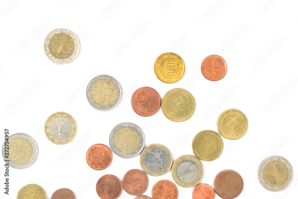 Scattered euro coins isolated on a white background close up Scattered euro coins isolated on a white background close up