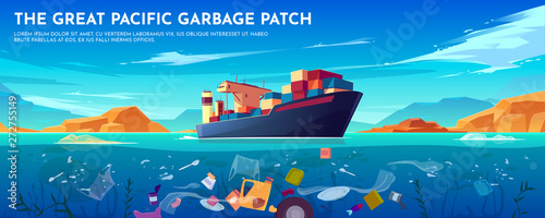 Pacific ocean plastic garbage patch banner with container ship and trash floating underwater surface. Sea dirty polluted water. Planet pollution, ecological problem poster. Cartoon vector illustration