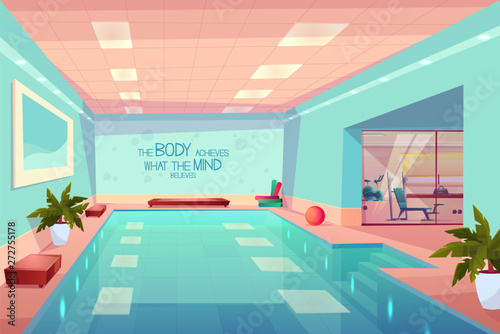 Swimming pool in gym interior, empty sport fitness center with equipment, training apparatus, hotel or resort with luxury room for water and workout exercises inner view. Cartoon vector illustration