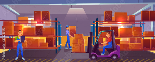 Logistics, warehouse interior with worker driving forklift, loader and inspector checking list of delivered cargo, delivery goods service. Storehouse with racks of boxes. Cartoon vector illustration