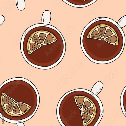 Cup of tea with lemon. Hand drawn cute cartoon seamless pattern. Texture background tile photo