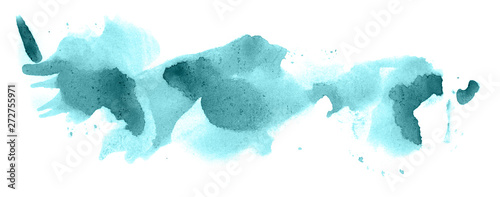 Abstract watercolor background hand-drawn on paper. Volumetric smoke elements. Blue-Green color. For design, web, card, text, decoration, surfaces.