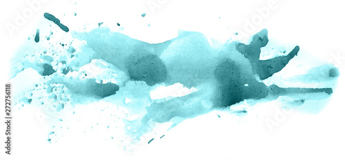 Abstract watercolor background hand-drawn on paper. Volumetric smoke elements. Blue-Green color. For design, web, card, text, decoration, surfaces.