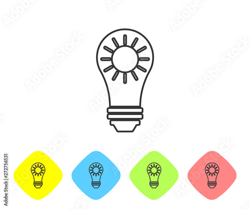 Grey Solar energy panel line icon isolated on white background. Sun and light bulb. Set icon in color rhombus buttons. Vector Illustration