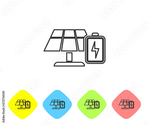 Grey Solar energy panel and battery line icon isolated on white background. Set icon in color rhombus buttons. Vector Illustration