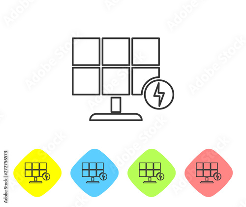 Grey Solar energy panel line icon isolated on white background. Set icon in color rhombus buttons. Vector Illustration
