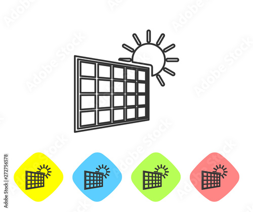 Grey Solar energy panel and sun line icon isolated on white background. Set icon in color rhombus buttons. Vector Illustration