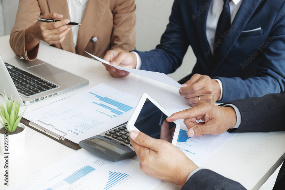 Investment and cooperate concept, business financial inspector analyzing about performance data in office meeting. Investment and cooperate concept, business financial inspector analyzing about performance data in office meeting.