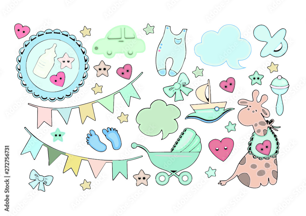 ПечатCute baby boy icons with stroller, baby toys, nipples, milk bottle and baby clothes .ь