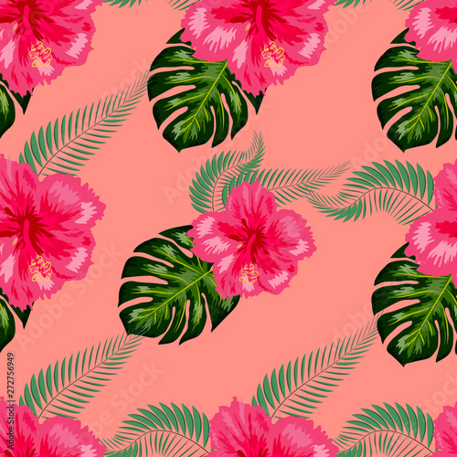 Seamless pattern with tropical leaves and hibiscus flowers.