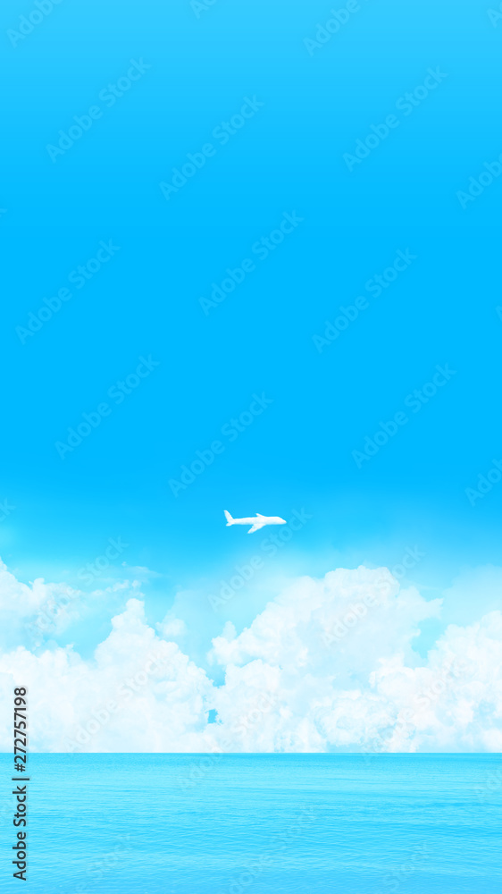 海と快晴の上空に浮かぶ雲、飛行機の形をした雲 海と快晴の上空に浮かぶ雲、飛行機の形をした雲