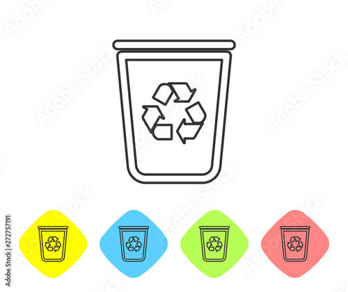 Grey Recycle bin with recycle symbol line icon isolated on white background. Trash can icon. Garbage bin sign. Recycle basket sign. Set icon in color rhombus buttons. Vector Illustration