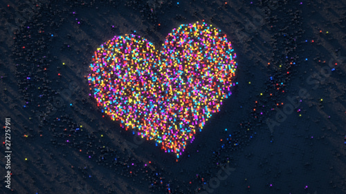 Heart shape of colorful pixels 3D rendering illustration