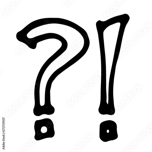 vector hand drawn symbol of a question and quotation mark, to express emotions, surprise, wonder or accent, drawn in black color, isolated on white background