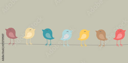 vector collection of hand drawn doodle birds, sitting on a string, colored with cheerful colors, isolated on natural background
