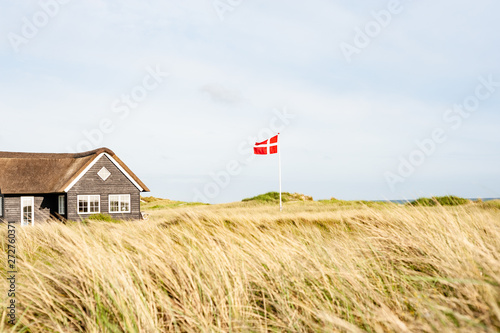 house in field with blue sky and clouds photo