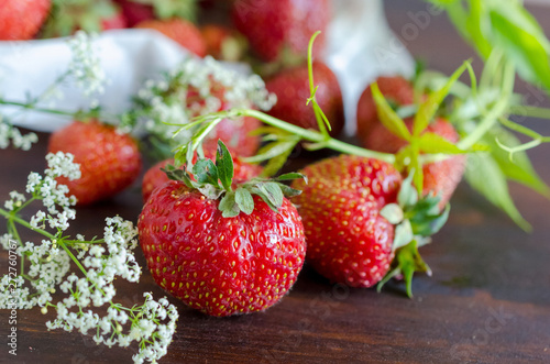 Ripe red strawberries and a white wild flowers in summer.